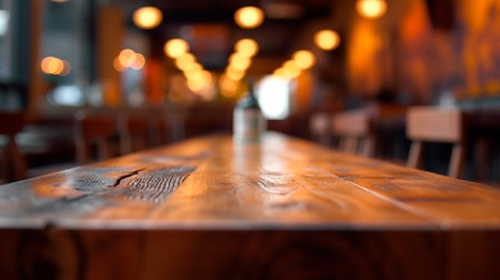 Blurred background of a cafe or restaurant features an empty wooden table. Generative AI illustratorの素材