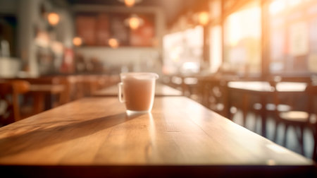 Blurred background of a cafe or restaurant features an empty wooden table. Generative AI illustratorの素材