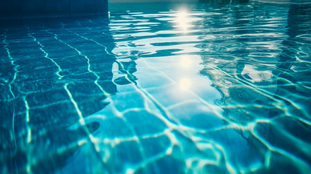 Bright Sunlight Reflections on Blue Water Surface in Swimming Pool Background. Generative AI illustratorの素材