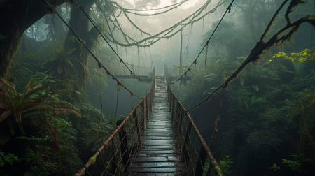 Bridge surrounded by a thick foggy jungle. Rope bridge in tropical rainforest with dense plants and vines. Generative AI Illustrationの素材