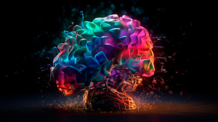 Brain Imagination concept, Exploding of colorful neon crystal pieces in shape of human brain, with glowing stars ang galaxies, with colorful rainbow light rays and flying geometric. Generative AI Illustrationの素材