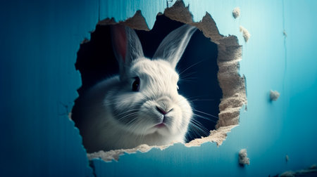 Bunny peeking out of a hole in blue wall, fluffy eared bunny easter bunny banner, rabbit jump out torn hole. Generative AI illustratorの素材