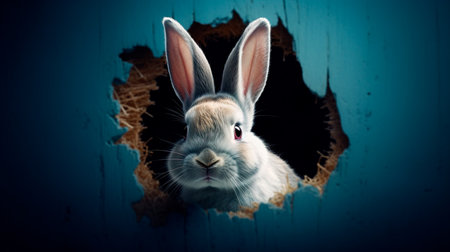 Bunny peeking out of a hole in blue wall, fluffy eared bunny easter bunny banner, rabbit jump out torn hole. Generative AI illustratorの素材
