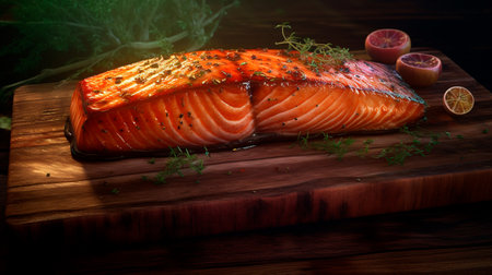 Cedar plank grilled or roasted salmon with herbs, garlic and spices. Generative AI illustrationの素材