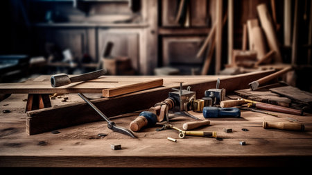 Carpentry background, carpenter works, tools over a wooden table. Generative AI Technologyの素材