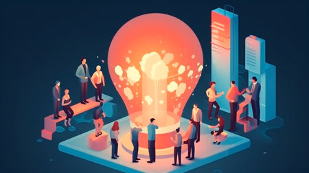 Business illustration. small people characters develop creative business idea. Isometric big light bulb as metaphor idea. Graphics design. Generative AI Technologyの素材
