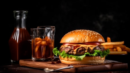 Burger, french fries, cola drink on black background. Takeaway food. Fast food. Generative AI illustrationの素材