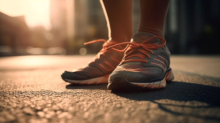 Close-up of the feet of a runner in running shoes starting the race in an urban street with sunset light. Generative AI illustratorの素材