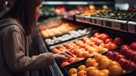 Closeup candid photograph of a woman shopping for groceries fruits and vegetables in a grocery supermarket store aisle, inflation food prices concept. Generative AI illustratorの素材