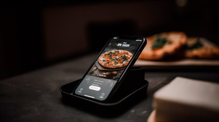 Close-up view of a Smartphone displaying on its screen the food delivery website. Generative AI illustratorの素材
