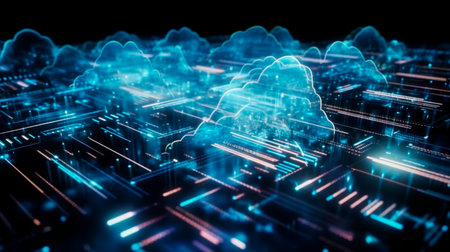 Cloud computing for digital storage and transfer big data on internet.futuristic. Generative AI technologyの素材