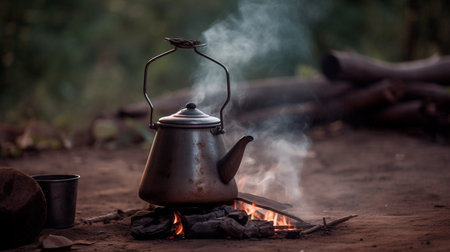 Coffee Pot Over A Campfire. Generative AI illustratorの素材
