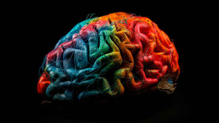Colorful human brain model, isolated on black background. Generative AI illustrationの素材