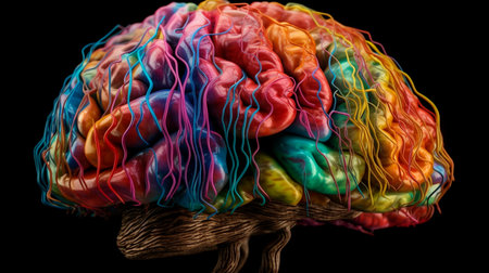 Colorful human brain model, isolated on black background. Generative AI illustrationの素材