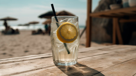 Cold drink with ice and a slice of lemon on the beach on a hot summer day. Generative AI technologyの素材