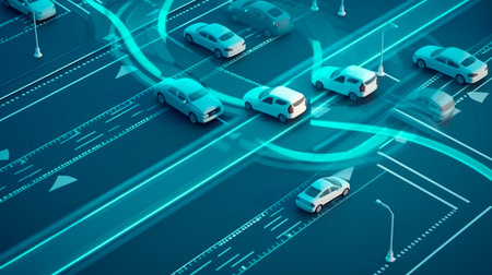 Concept of an autonomous car sensor system for the safety of driverless mode car control. Adaptive cruise control in the future will detect neighboring vehicles and pedestrians. Generative AI technologyの素材