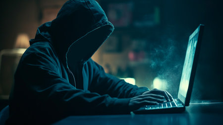 Computer hacker stealing data from a laptop. Generative AI illustrationの素材