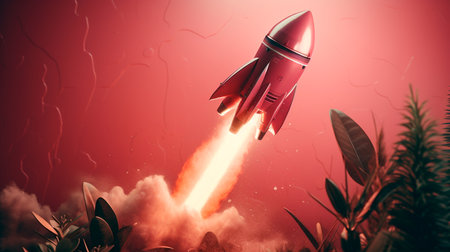 Concept of original thought and new ideas. Illustration of a rocket in flight on a pink background. Generative AI illustratorの素材