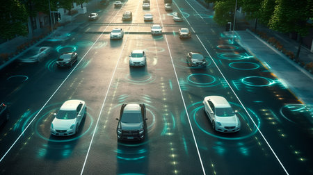 Concept of an autonomous car sensor system for the safety of driverless mode car control. Adaptive cruise control in the future will detect neighboring vehicles and pedestrians. Generative AI technologyの素材