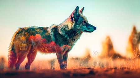Cool and Beautiful Double Exposure Silhouette Wolf Animal in Natural Habitat: A Colorful Illustration of Wildlife in Creative Photo Manipulation. Generative AI illustratorの素材