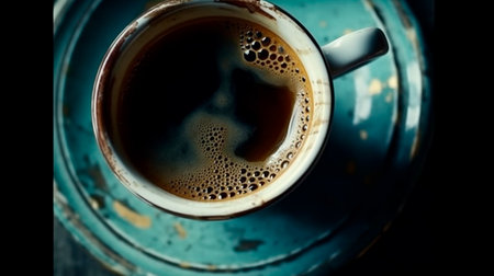 Cup of delicious coffee on dark background, view from above. Copy space. Generative AI technologyの素材