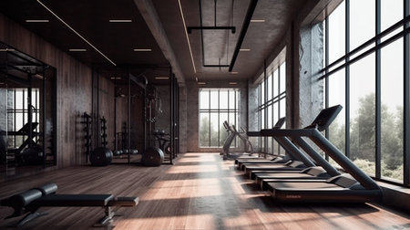 Contemporary spotless fitness gym center interio. Generative AI technologyの素材