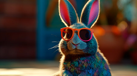 Cool easter bunny with sunglasses on colorful background. Generative AI technologyの素材