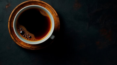 Cup of delicious coffee on dark background, view from above. Copy space. Generative AI technologyの素材