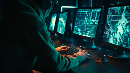Cyber criminal hacking system at monitors hacker hands at work internet crime concept hacker steal. Generative AI illustratorの素材