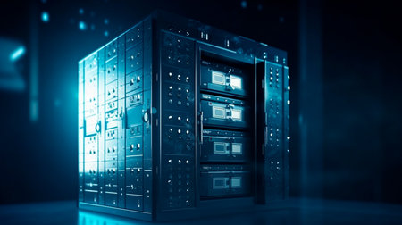 Cyber security concept and digital data protection with a locker in a blue background created. Generative AI technologyの素材