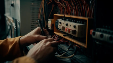 Detail close up of Electrician installing electric cable wires and fuse switch box with multimeter in hands. Generative AI Technologyの素材