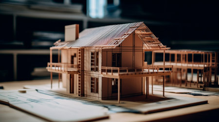 Designs and a home model for a construction project. Background in real estate, housing project building, and engineering design. plans for residential construction. Generative AI illustratorの素材