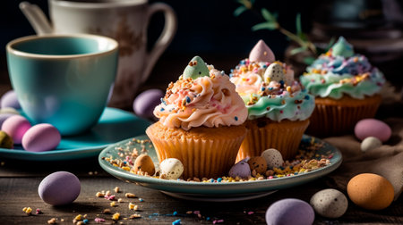 Easter themed desserts such as cupcakes decorated with pastel colors and Easter motifs. Generative AI technologyの素材