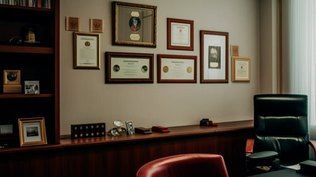 Empty frame on office wall diploma degree certificate credentials image photo poster business chief executive officer ceo cfo cxo promotion portrait work. Generative AI technologyの素材