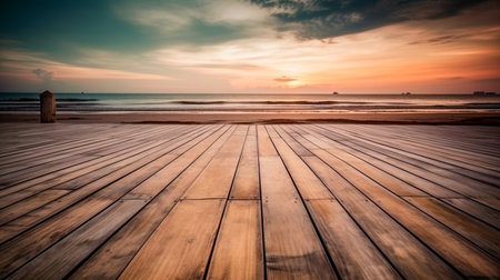 Empty wooden floor with tropical sunset beach background. Generative AI illustratorの素材