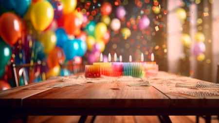 Empty wooden table top white party birthday background blurred, good for product display. Generative AI Illustrationの素材
