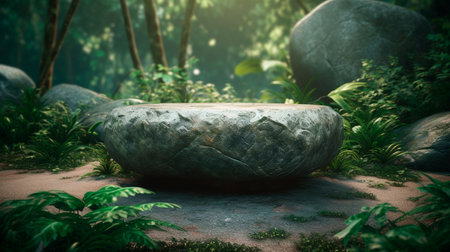Empty stone table for product advertising display in fresh green jungle blur background. Generative AI Technologyの素材