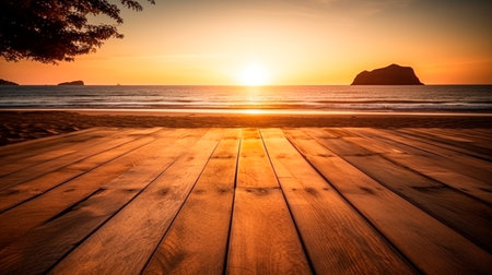 Empty wooden floor with tropical sunset beach background. Generative AI illustratorの素材