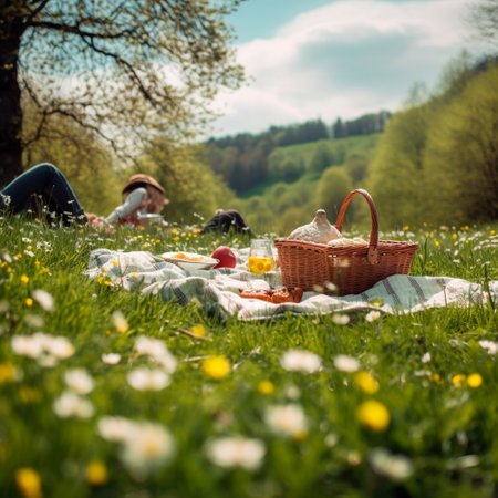 Enjoying a picnic in a scenic spring meadow. Generative AI technologyの素材