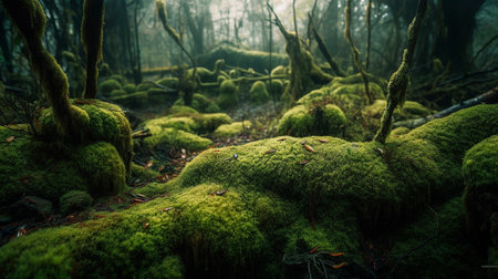 Fantasy moss covered forest scene. Generative AI illustratorの素材