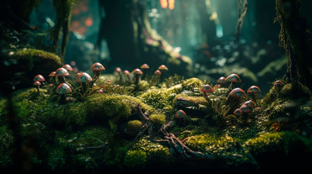 Fantasy moss covered forest scene. Generative AI illustratorの素材