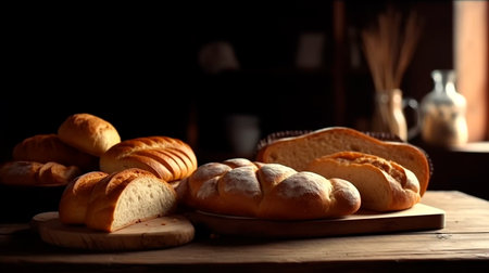 Fresh bread slices on wooden table. Generative AI illustratorの素材
