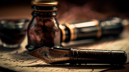 Fountain pen on an antique handwritten letter. Vintage nib pen and handwritten english cursive style font copperplate, spencerian. old history background. retro style. Generative AI illustratorの素材