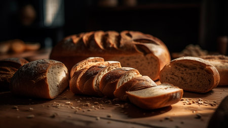 Fresh bread slices on wooden table. Generative AI illustratorの素材