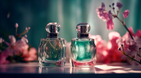 Fresh spring romantic image, stylish transparent glass perfume bottles. Stylish parfumerie banner. Generative AI illustratorの素材