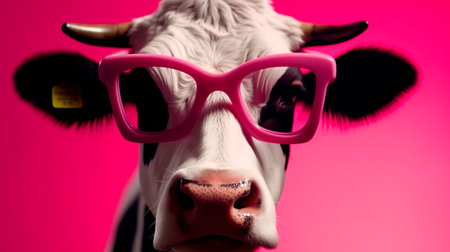 Funny cow with sunglasses in front of pink studio background, concept of Humor and Quirkiness. Generative AI illustrationの素材