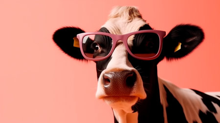 Funny cow with sunglasses in front of pink studio background, concept of Humor and Quirkiness. Generative AI illustrationの素材