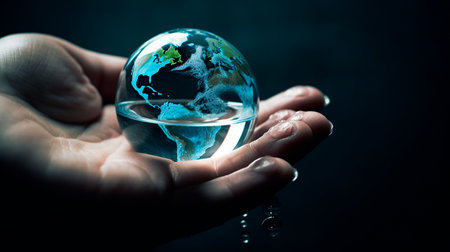 Hand hold water drop with earth. Generative AI technologyの素材