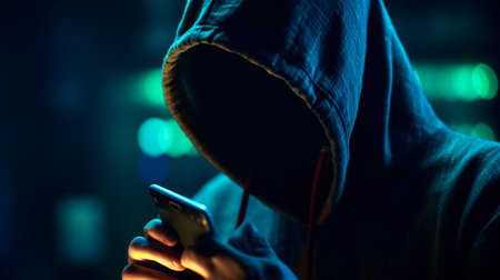 Hacker in a hood holds a phone in his hand. Generative AI illustratorの素材