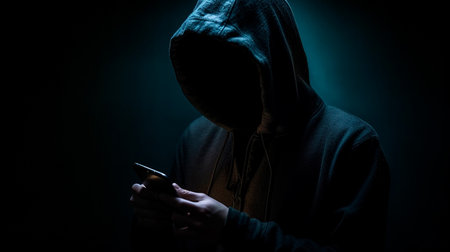 Hacker in a hood holds a phone in his hand. Generative AI illustratorの素材